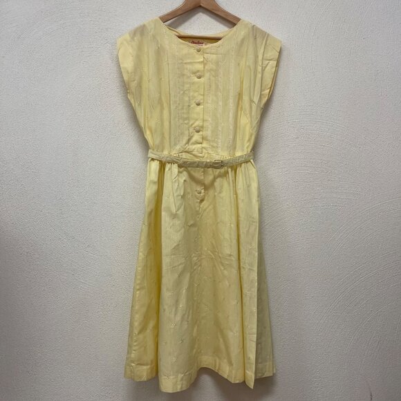 Vintage Claire Carmen Dress Light Yellow with Matching Belt Pleat Fit Flaren Sz - Picture 1 of 9